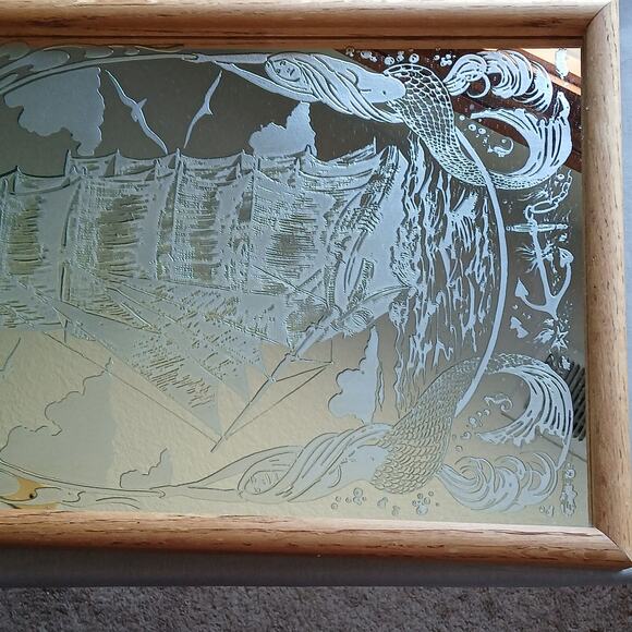 Vintage Etched Glass Framed Mirror Sailing Ship Mermaids MCM 19" H x 13" W - Picture 5 of 11